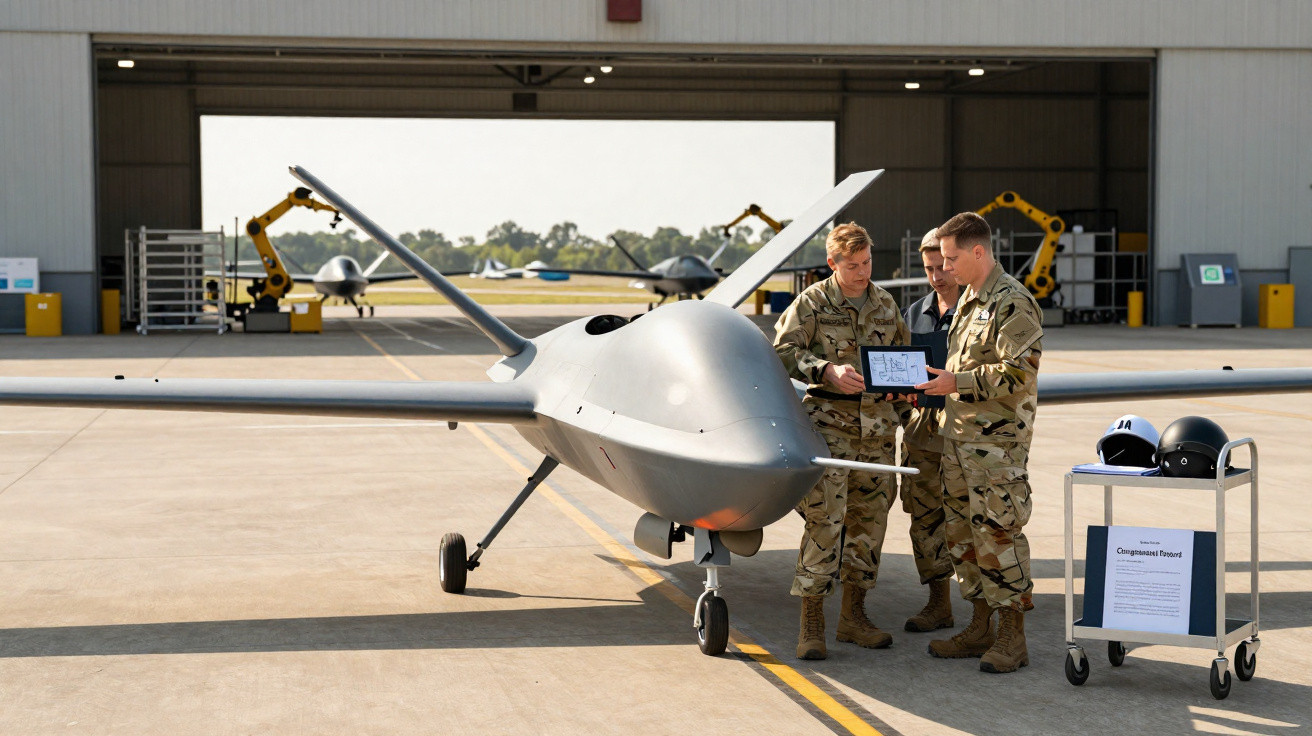 Three military personnel in camouflage uniforms standing by a drone on an airbase tarmac in front of a hangar.