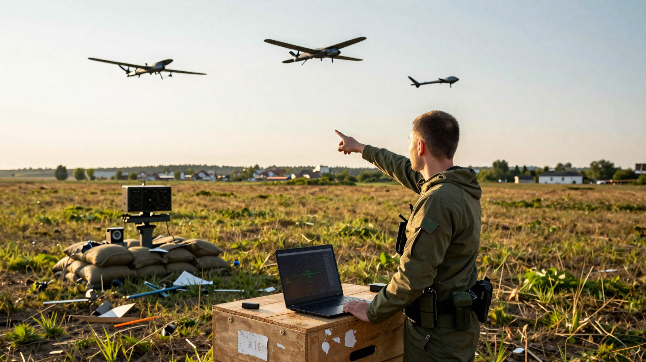 Person operating a laptop and pointing at three drones flying over a grassy field near sandbags and equipment.