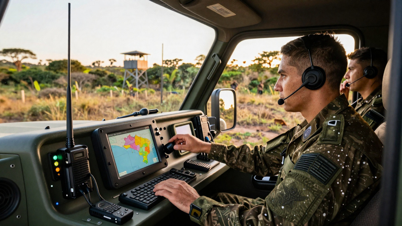 Two soldiers in camouflage uniforms using communication equipment inside a military vehicle near a watchtower.
