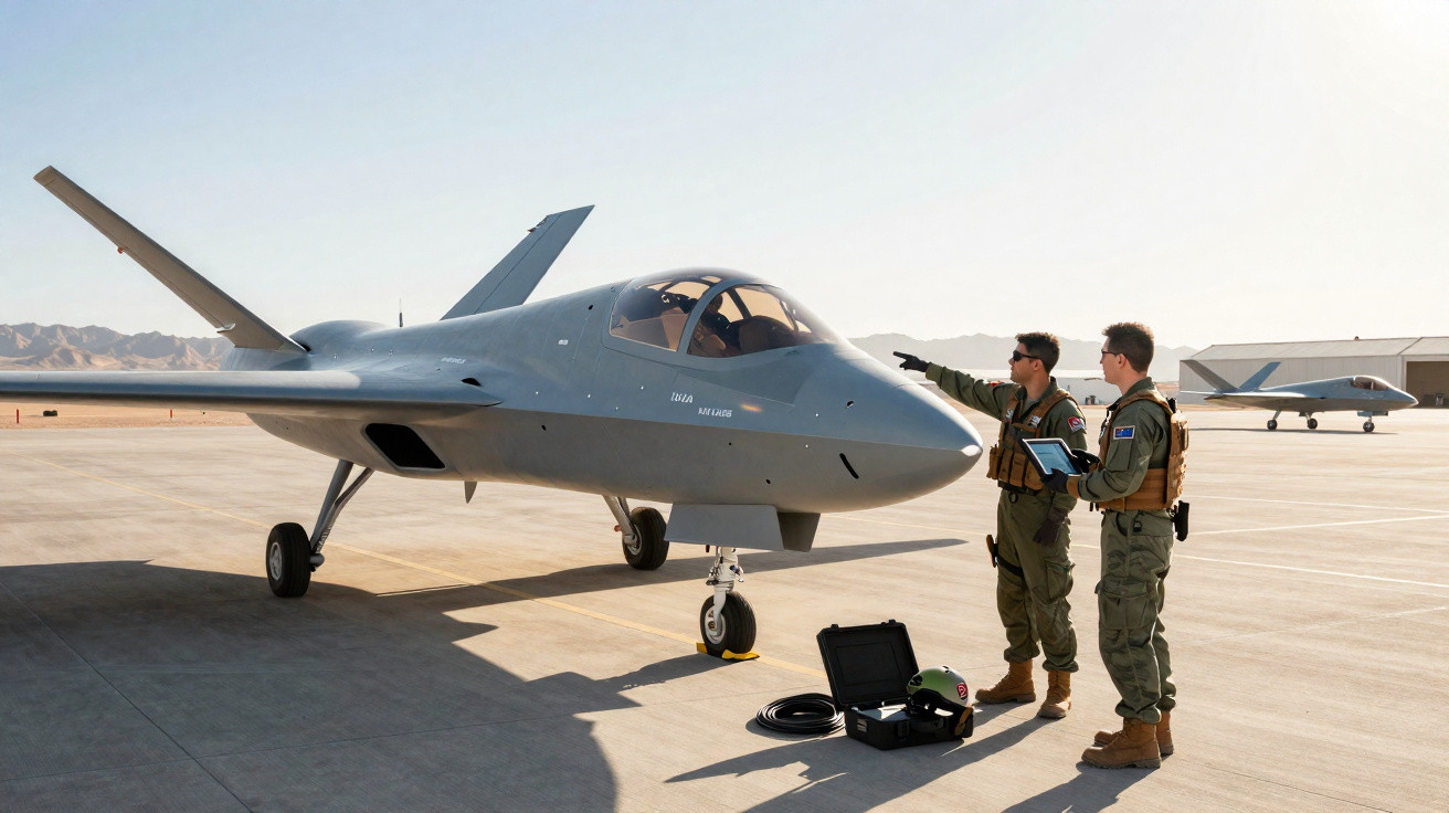 Two personnel in military flight suits inspecting a sleek unmanned aircraft on a sunlit desert airstrip.