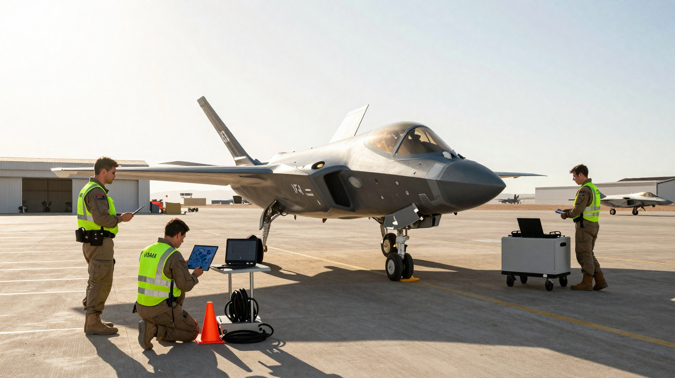 Three technicians in high-visibility vests working on a sleek grey fighter jet on a sunny airfield.