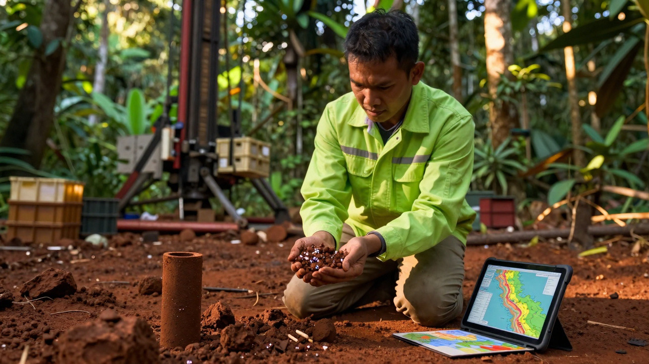 Man examining soil samples in a forest, with a map displayed on a tablet next to him.