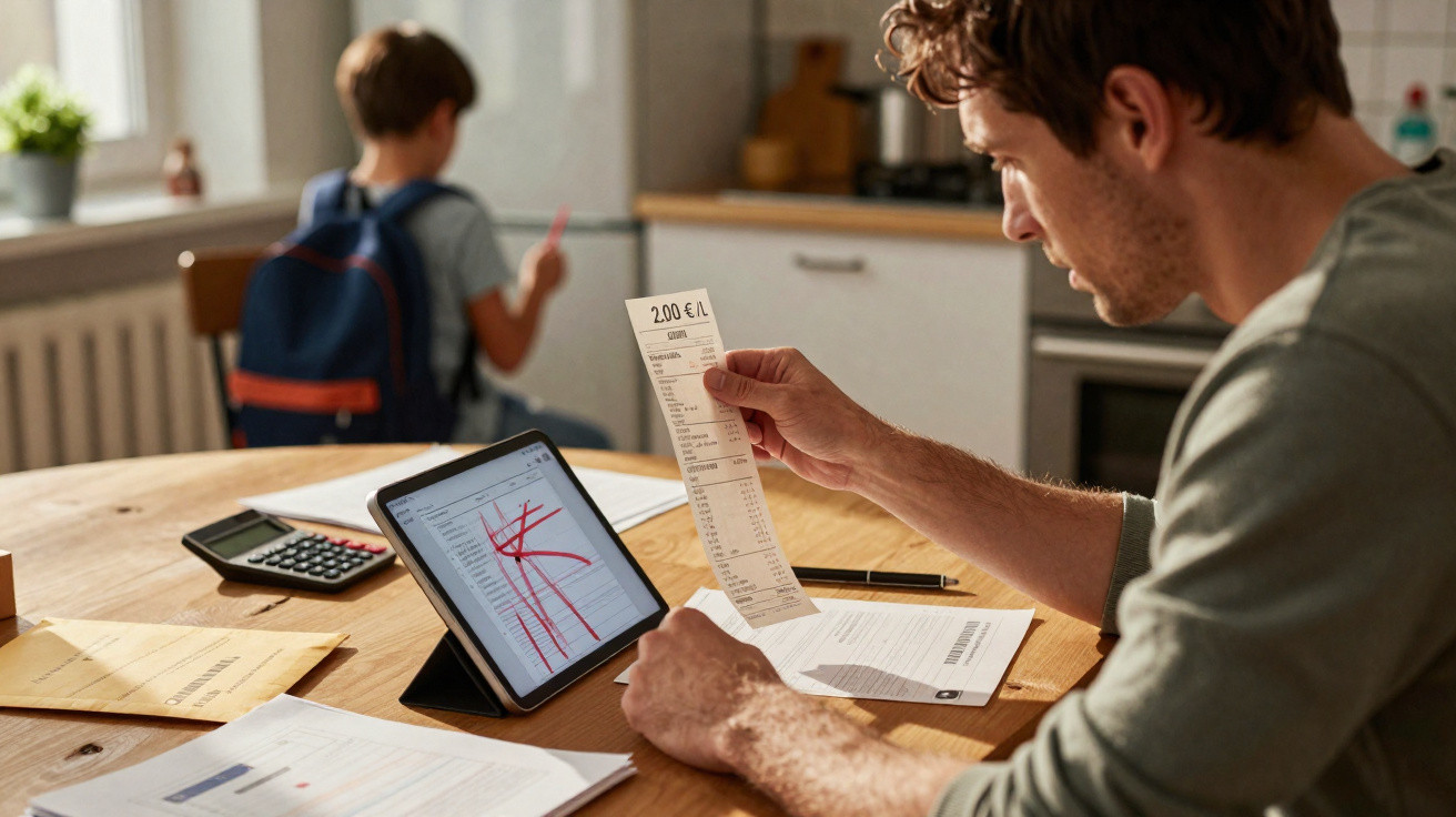 Man reviewing a receipt and financial documents at a kitchen table with a child wearing a backpack in the background.