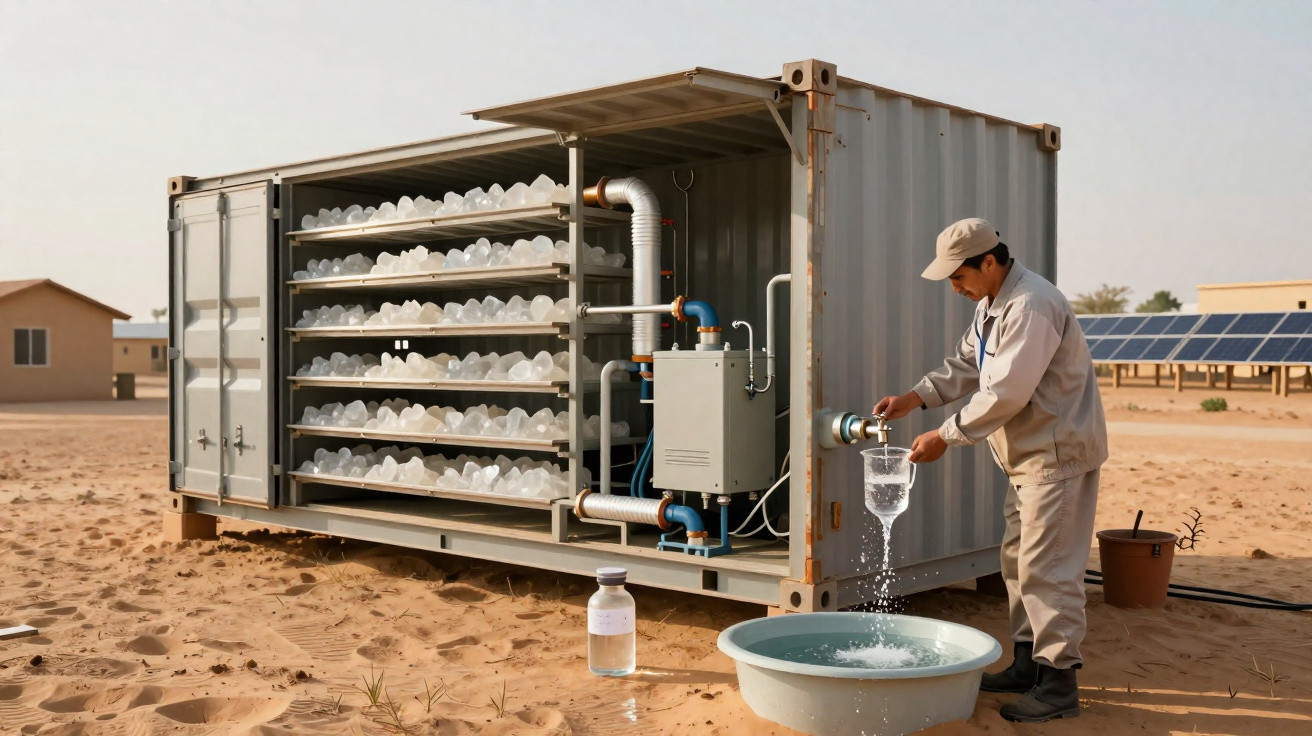 Man collects water from a solar-powered atmospheric water generator in a desert setting.