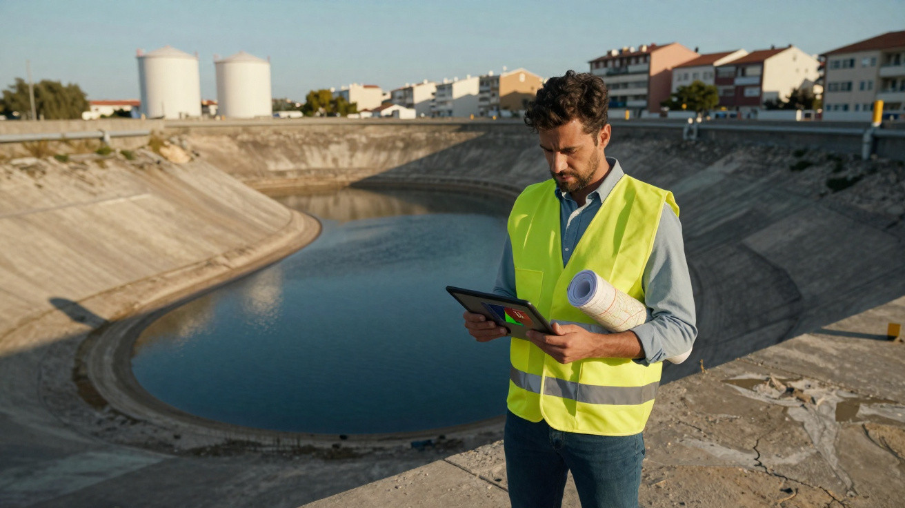 Engineer in high-visibility vest holding plans and tablet standing next to a large empty concrete reservoir.