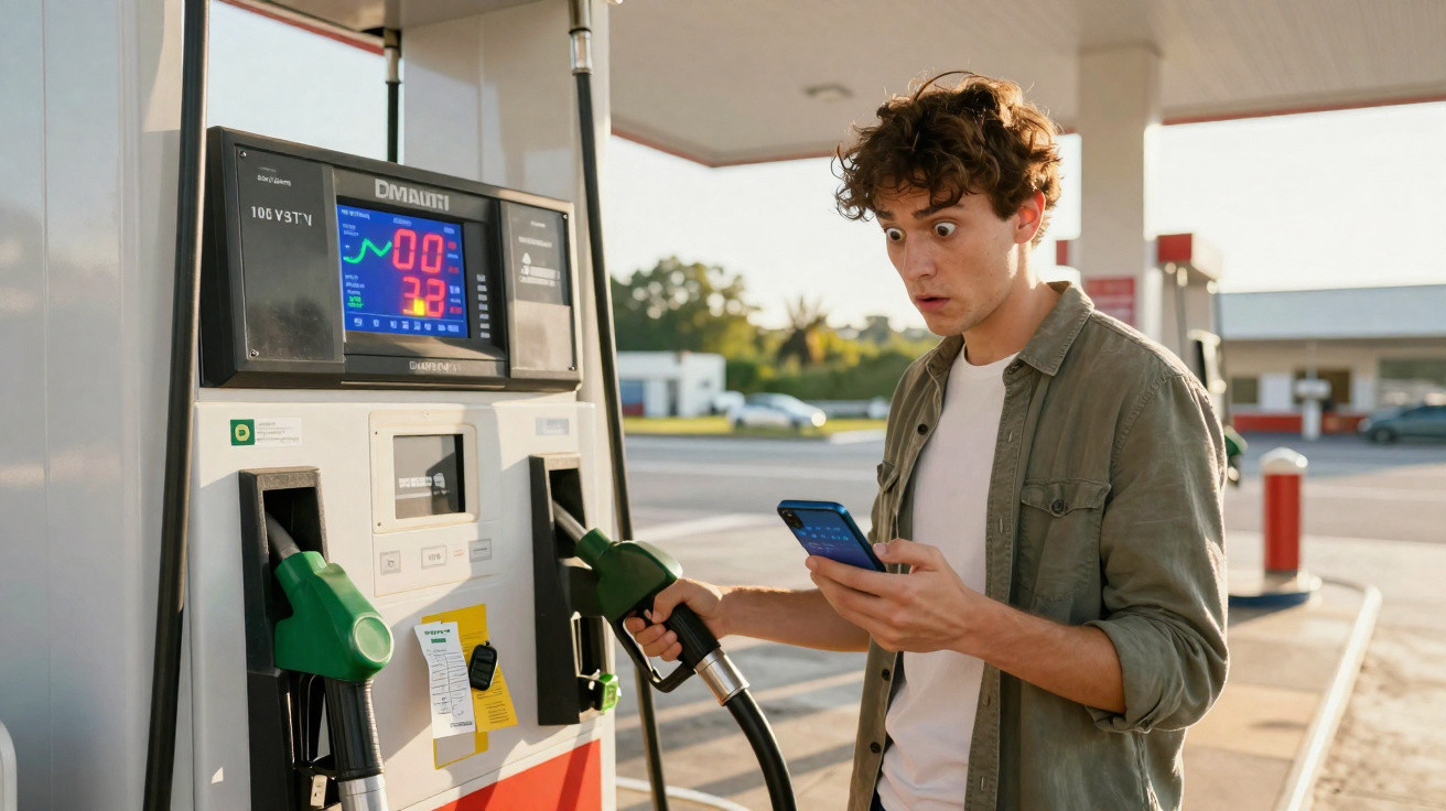Young man with shocked expression holding phone and petrol pump at fuel station with price display in background