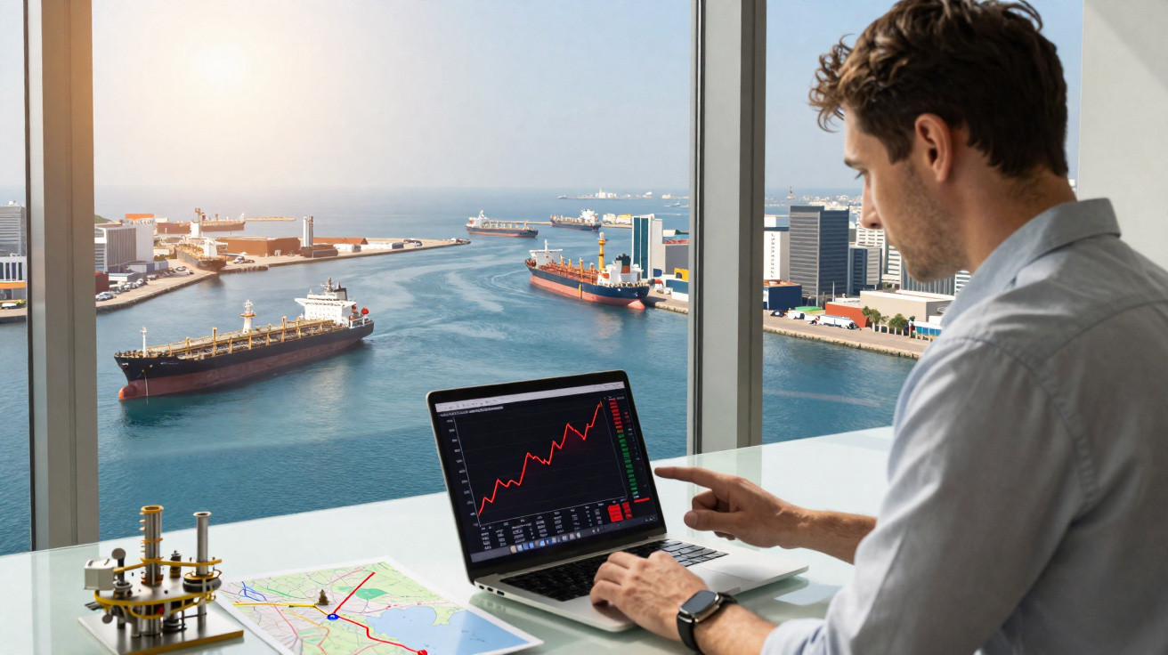 Man analysing stock market graph on laptop with harbour view and cargo ships in the background.