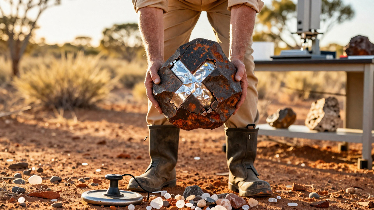 Person holding a rusty meteorite with metallic markings in a dry, rocky outdoor setting next to scattered samples and equipme