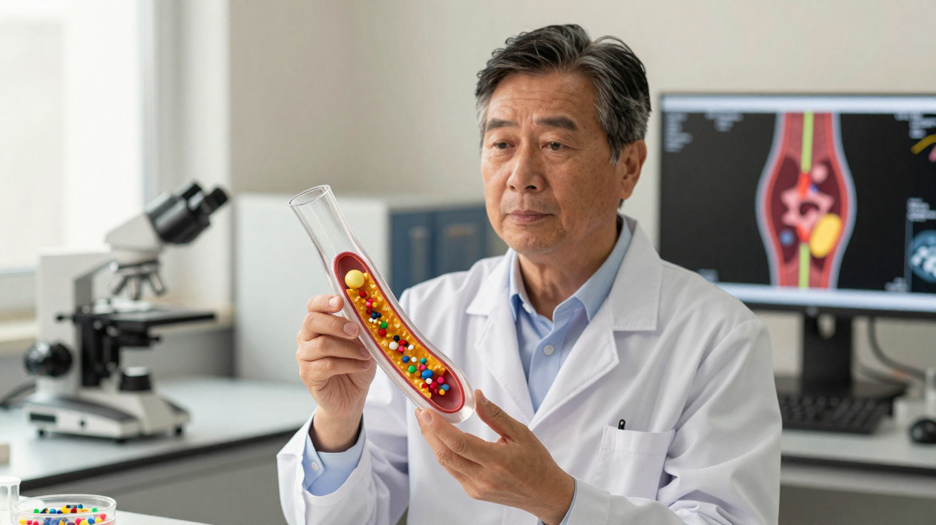Scientist in lab coat examining a model of a blood vessel with coloured spheres representing blood components.