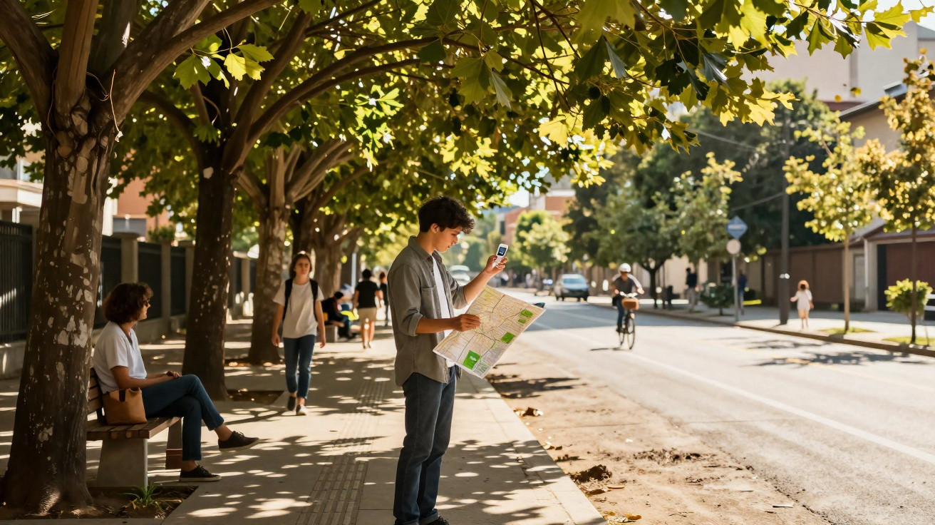 Young man using a map and phone on a sunny tree-lined sidewalk with people walking and cycling nearby