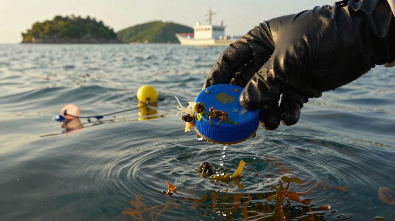 Hand in black glove holding a blue bottle cap with marine debris and droplets over ocean water with boat and island in backgr
