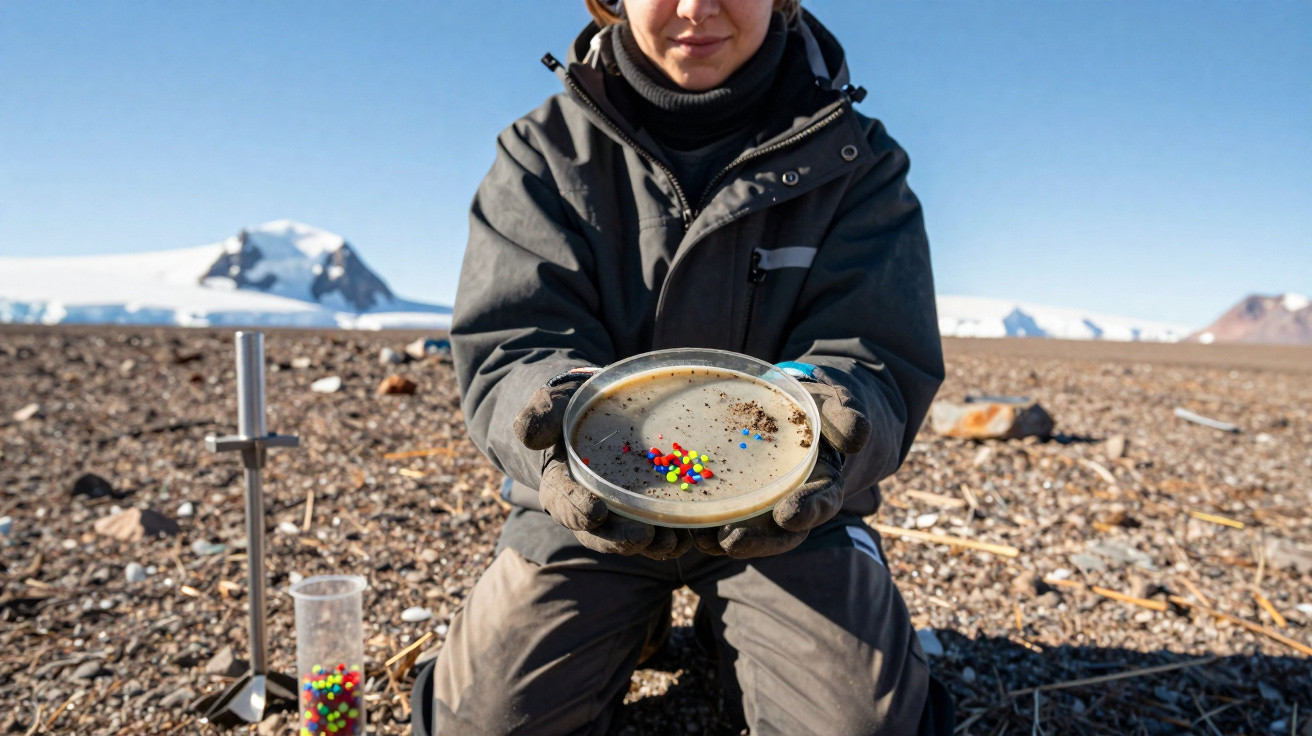 Person in winter clothing holding a petri dish with microplastics on a rocky beach with snowy mountains background.