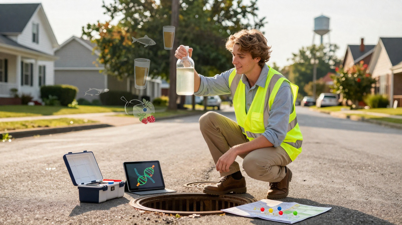 Man in high-visibility vest testing water sample near open storm drain on suburban street during daytime