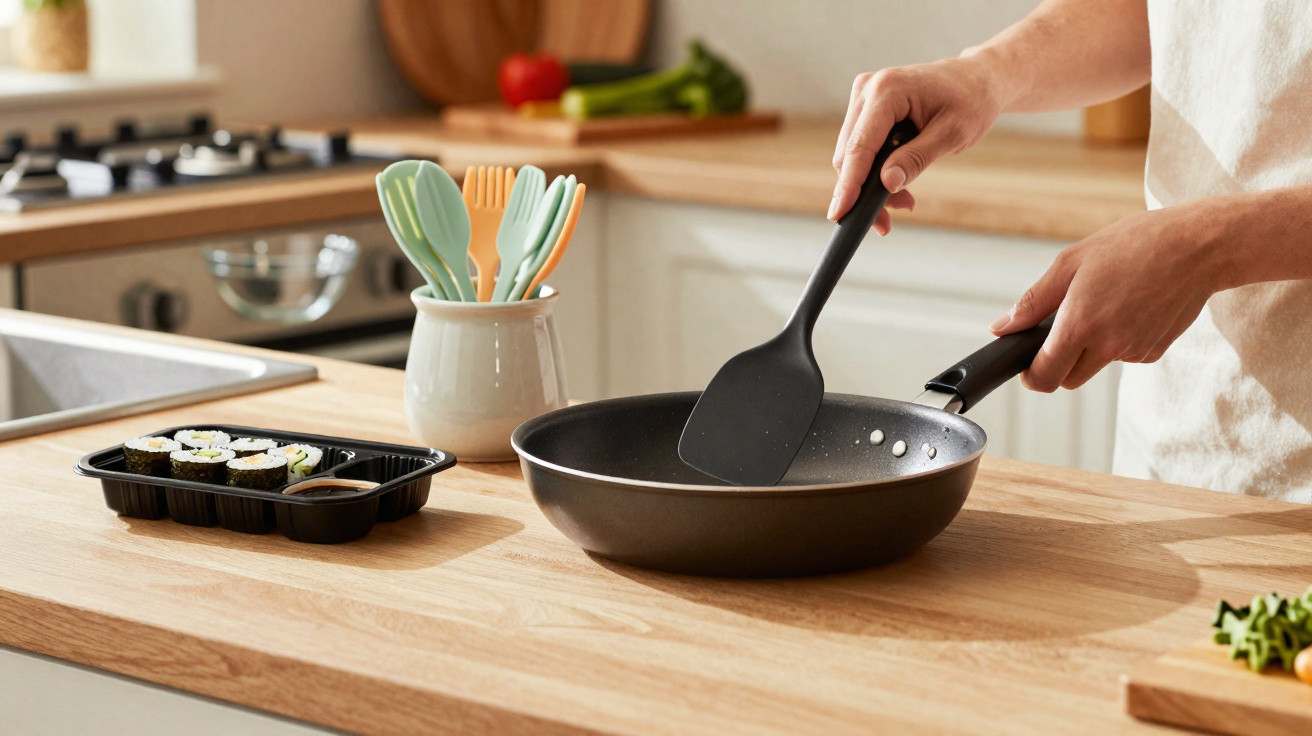 Person holding a spatula and non-stick frying pan on a wooden kitchen countertop with sushi nearby.