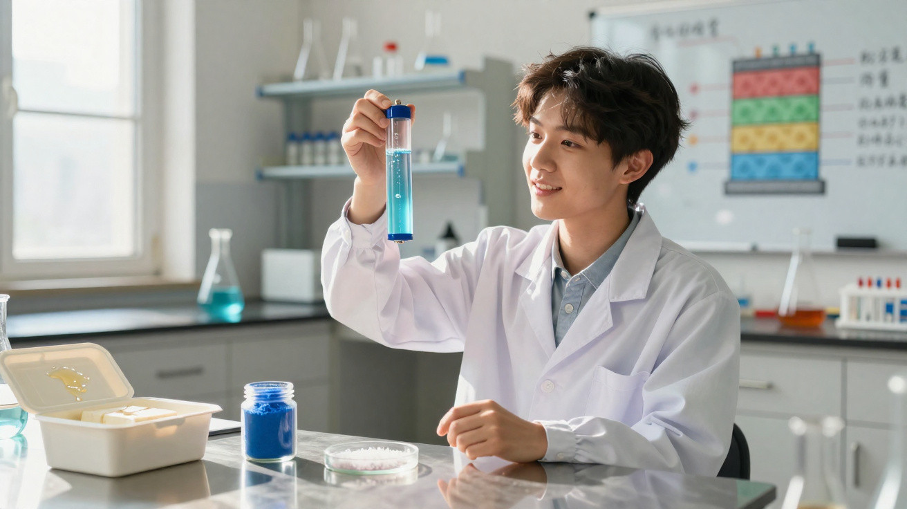 Young scientist in a lab coat examining a test tube with blue liquid in a bright laboratory setting