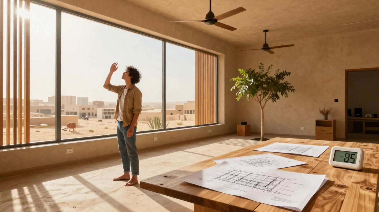 Person standing barefoot in a sunlit modern room with architectural plans and a digital thermometer on a wooden table.