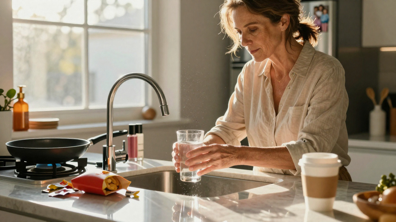 Middle-aged woman filling a glass with water at a kitchen sink in sunlight.