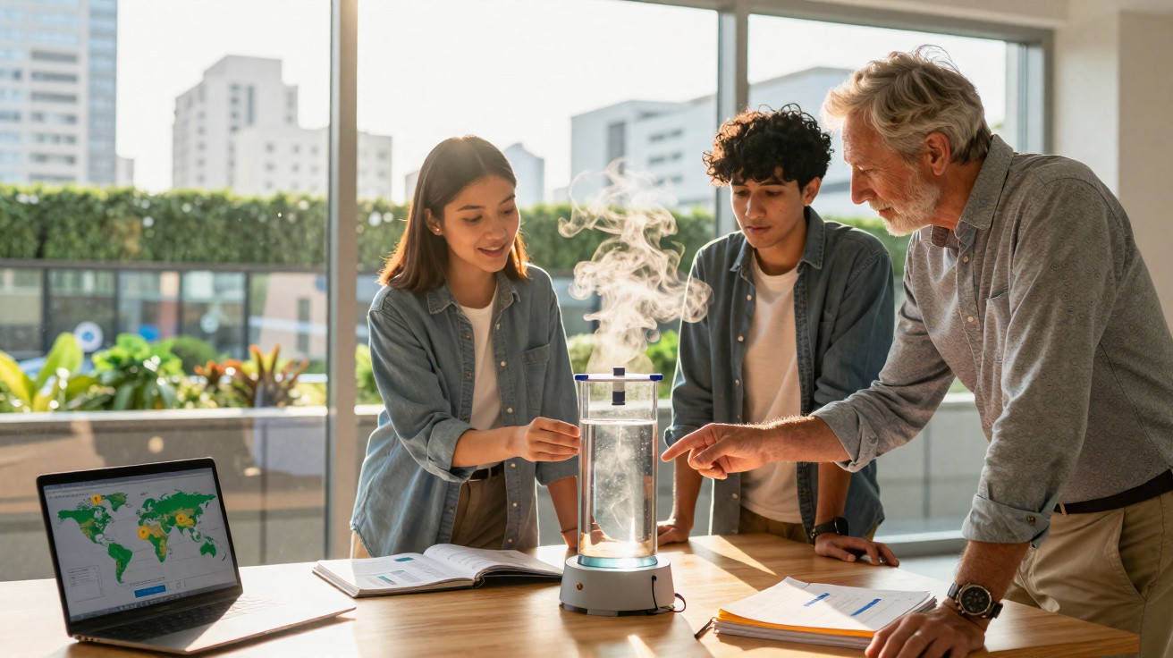 Teacher and students observing steam rising from a science experiment in a bright classroom.