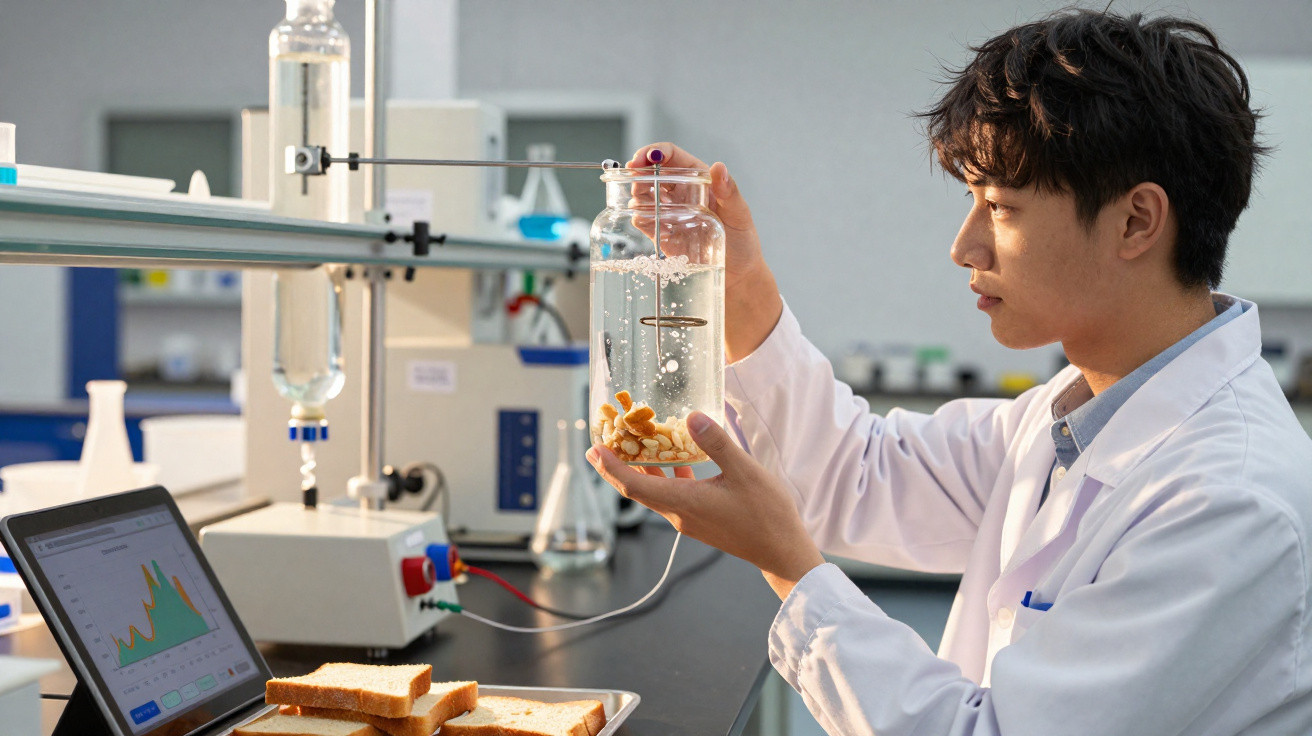 Scientist in a lab coat examining bread slices soaking in a liquid inside a glass jar in a laboratory.