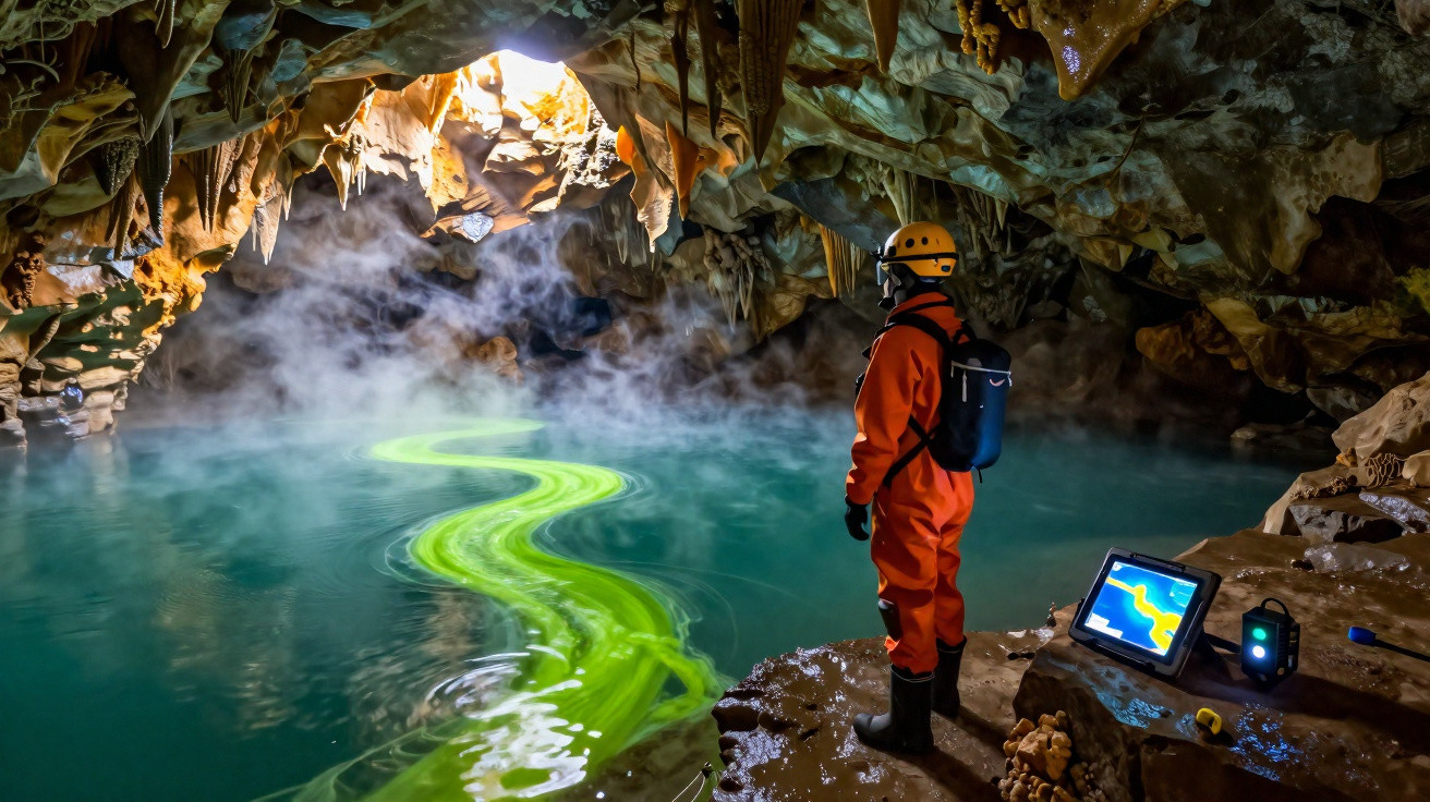 Person in orange suit and helmet observes glowing green water in underground cave pool with rocky stalactites.