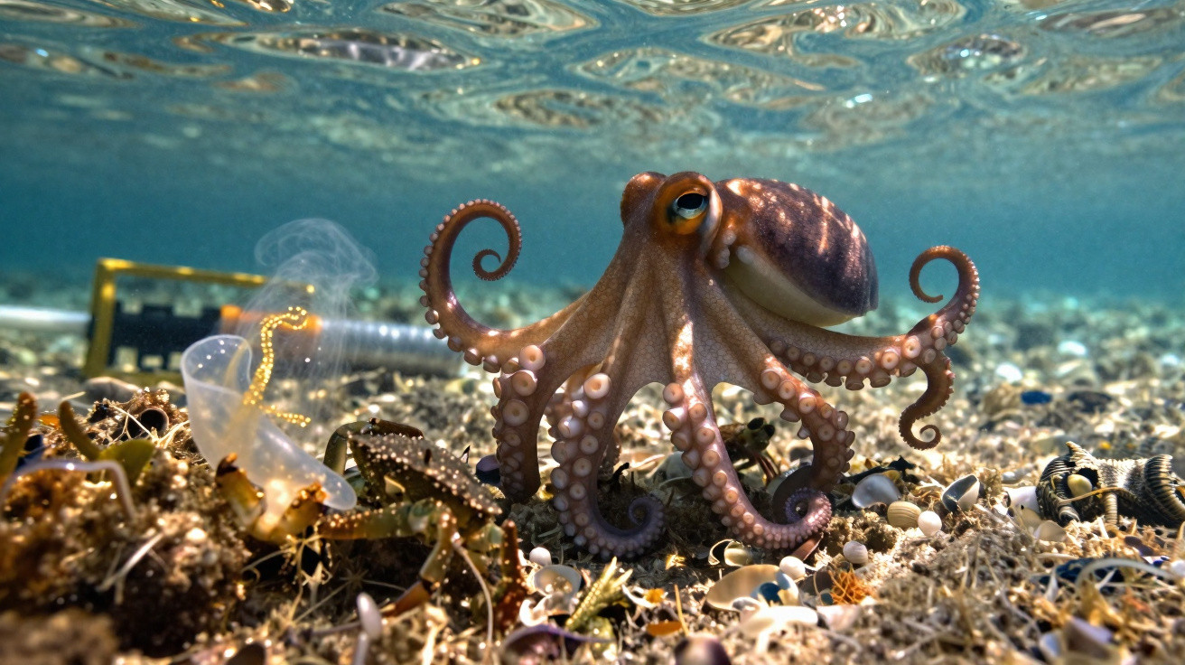 Small octopus with curled tentacles on a sandy seabed scattered with shells and marine debris underwater.