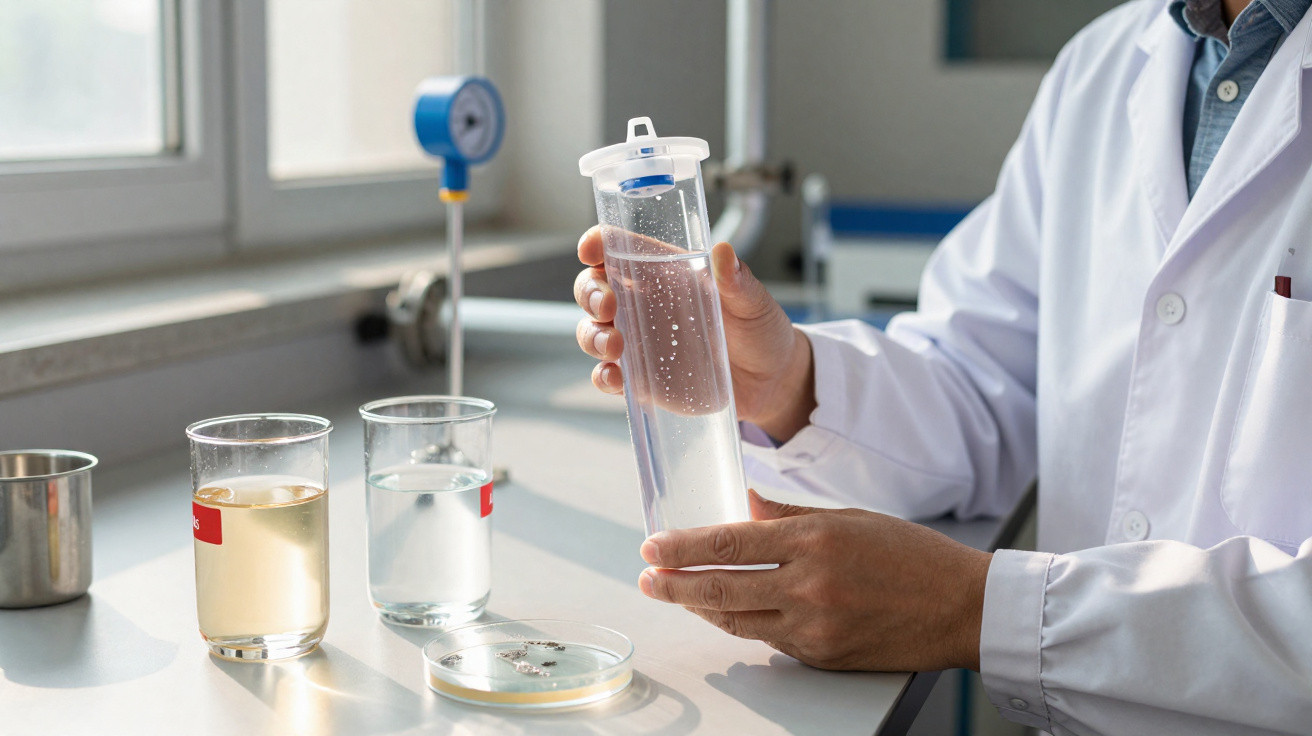Scientist in a lab coat holding a clear water sample container with two beakers and a petri dish on the table.