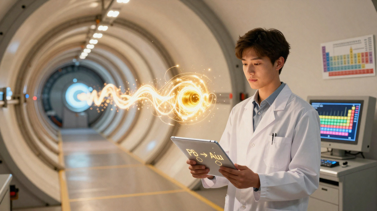 Scientist in a lab coat using a tablet with holographic particle simulation in a futuristic tunnel lab.