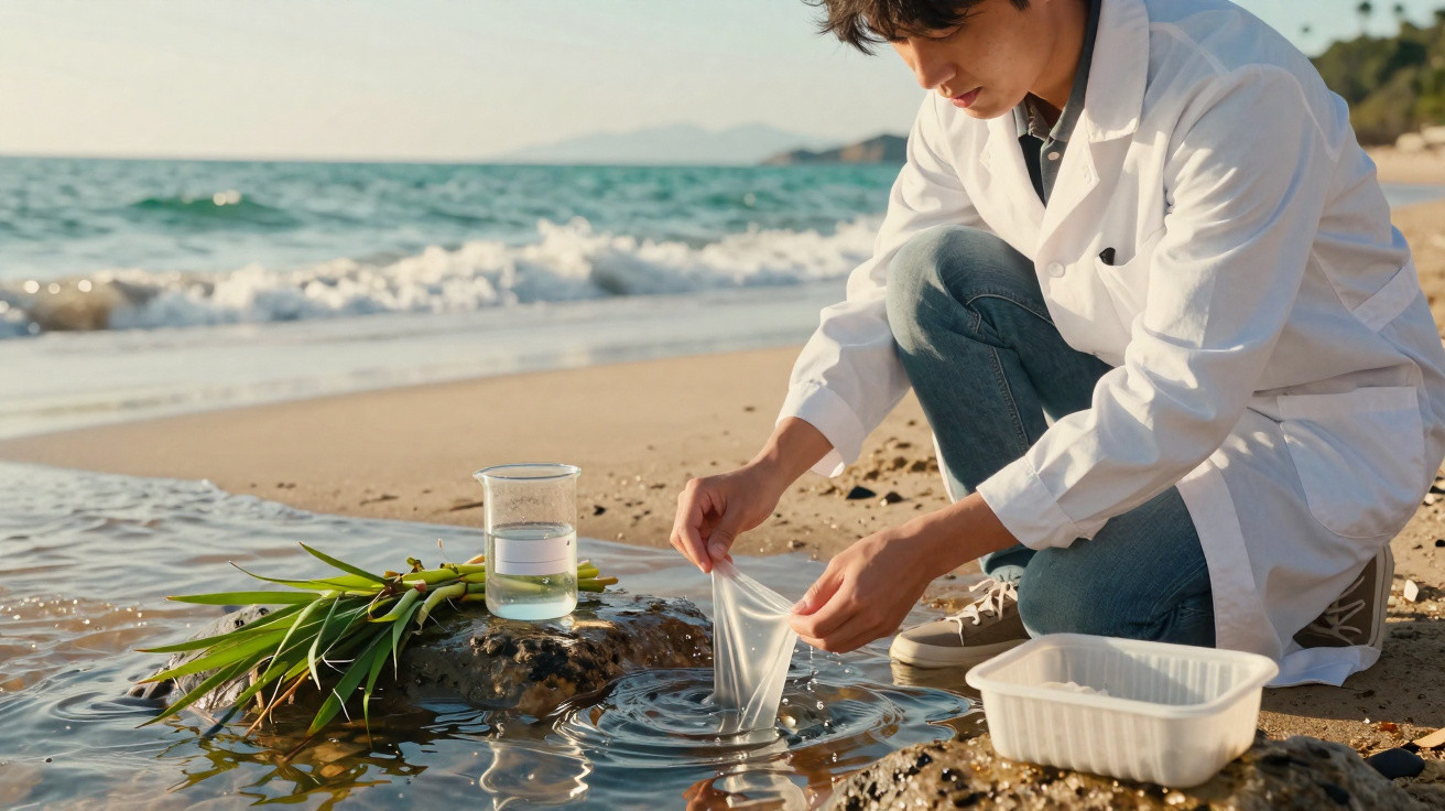 Scientist in a white lab coat collecting seawater sample on a sandy beach with waves in the background.