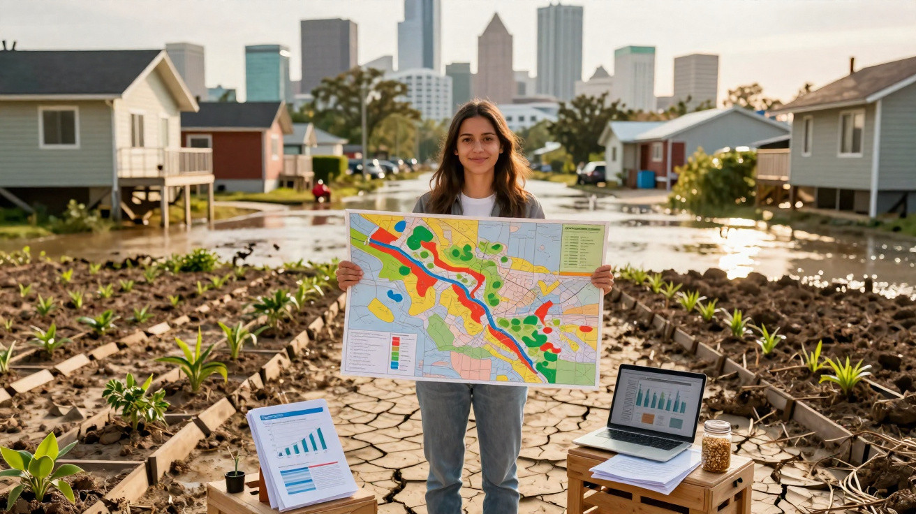 Woman holding a colourful map standing in a dry, cracked urban garden with charts and a laptop nearby.