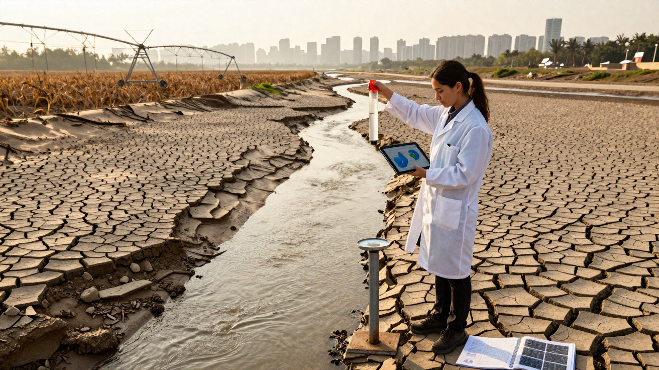 Scientist in white coat testing water quality in a dry, cracked riverbed near an urban area.