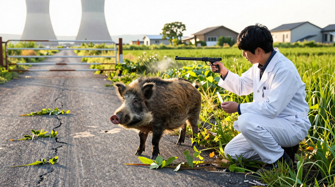 Person in white lab coat holding a tranquiliser gun aimed at a wild boar on a rural road with houses and cooling towers in th