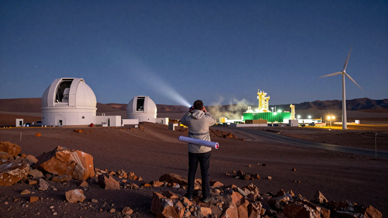 Person shining a flashlight towards observatories and a wind turbine at a desert research facility at dusk.