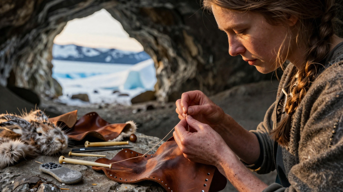 Person sewing leather by hand inside a cave with snowy mountains visible outside.