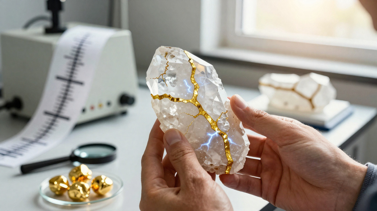 Hands holding a clear crystal repaired with gold and a magnifying glass on a table in the background.