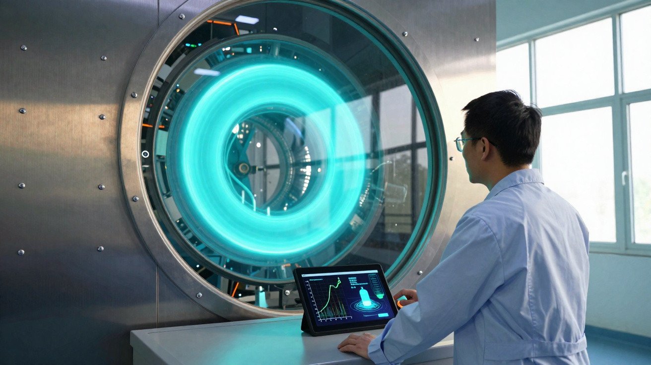 Scientist in lab coat analysing glowing ring of experimental machinery on a digital tablet in a laboratory.