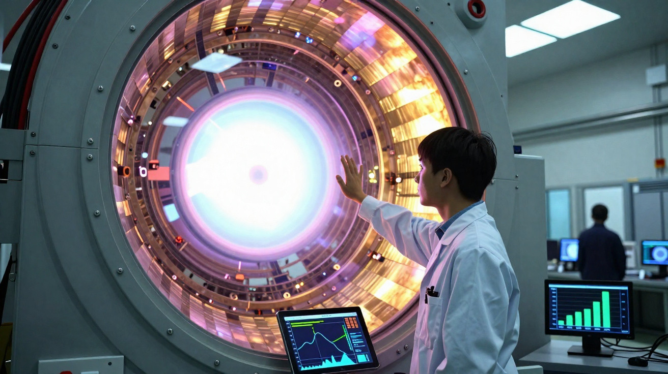 Scientist in lab coat reaches out to a large glowing circular machine with data displayed on nearby monitors.