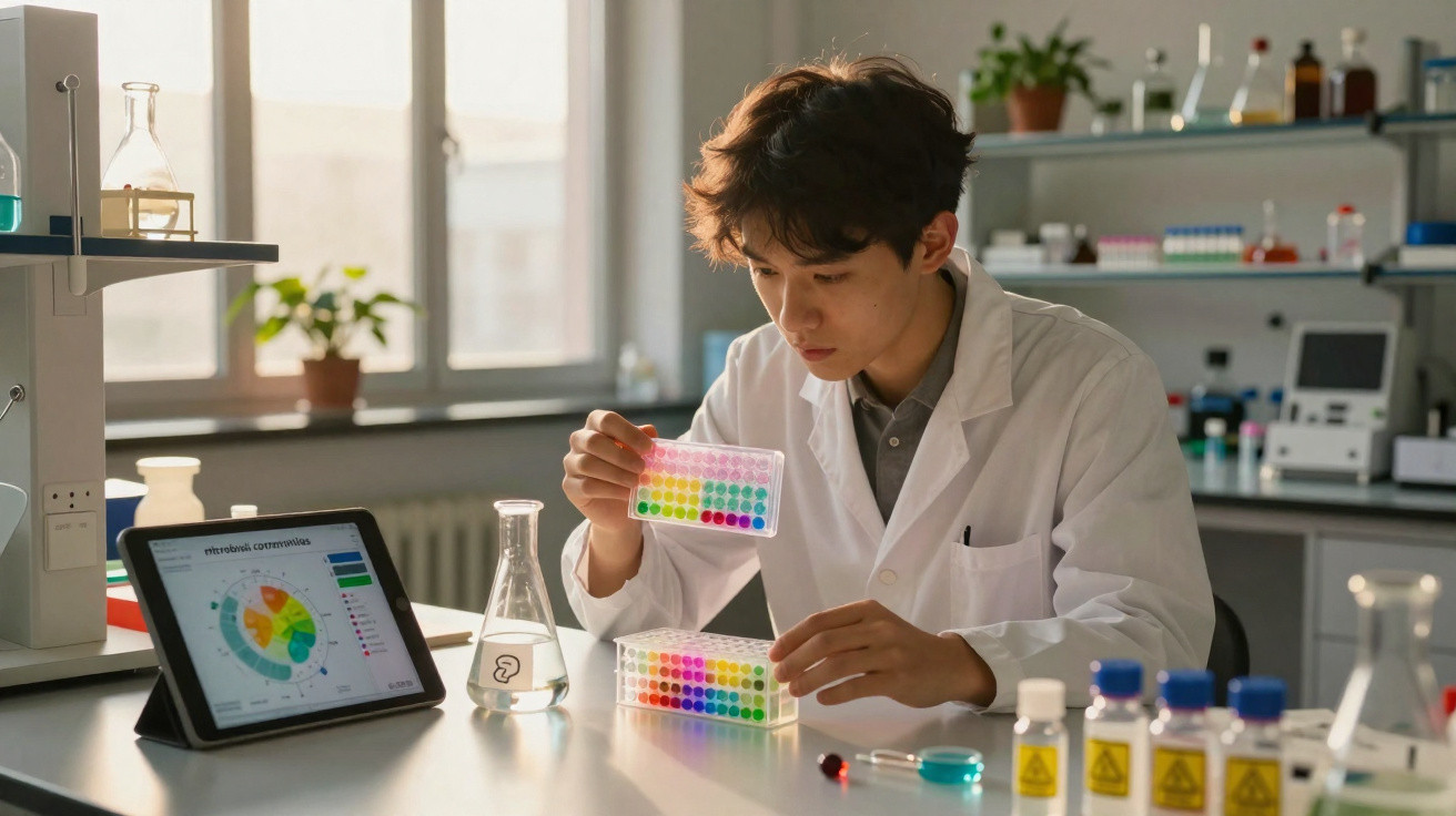 Young male scientist in white lab coat examining colourful test samples in a bright laboratory with scientific equipment.