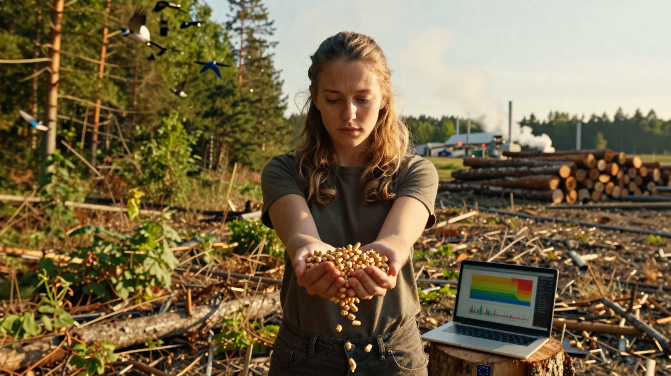 Person holding seeds in a forest clearing with a laptop showing environmental data nearby.
