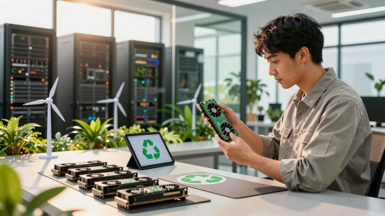Person examining a computer graphics card with recycling symbols and wind turbine models on a desk.