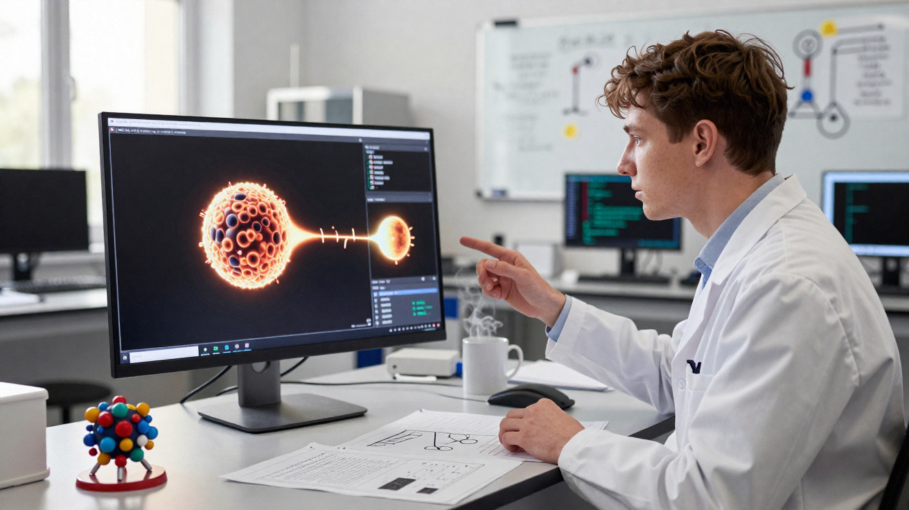 Scientist in white lab coat analysing molecular structure on computer screen in modern laboratory.