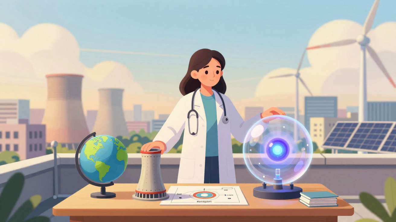 Scientist in white coat stands behind table with globe, model reactor, and glowing atom in cityscape with wind turbines.