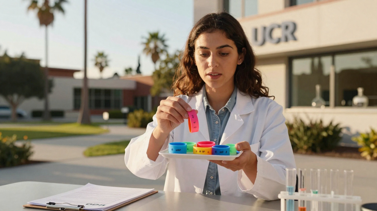 Scientist in white coat handling colourful test tubes outdoors at a university campus table with clipboard and test tube rack