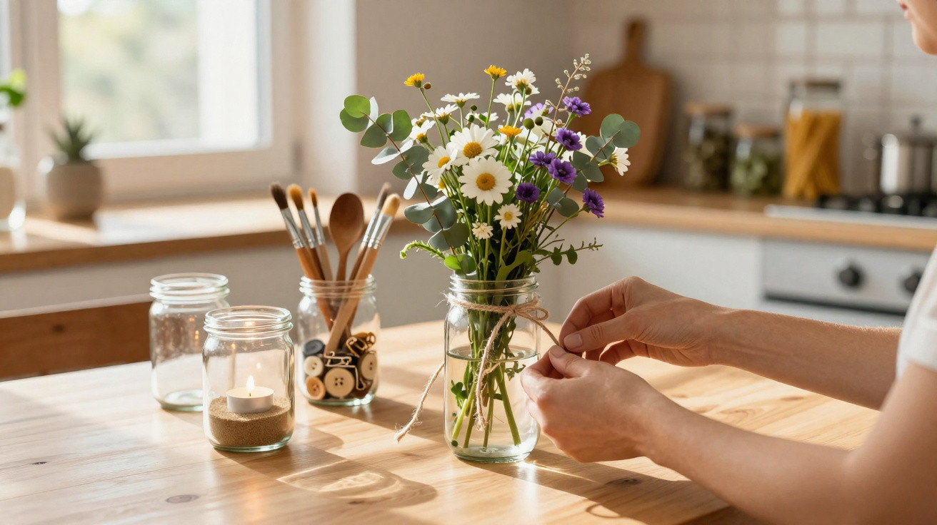 Person tying twine around a glass jar holding wildflowers on a wooden kitchen table.