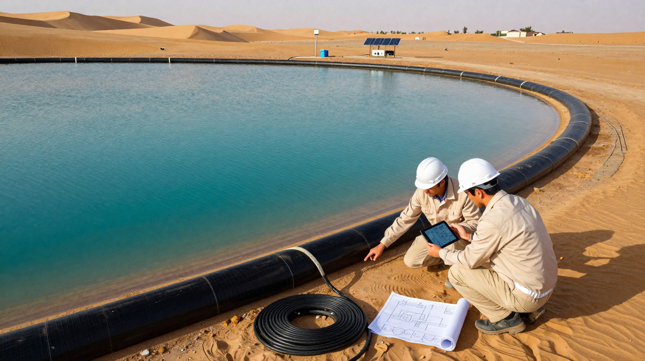 Two engineers in hard hats checking plans beside a large water reservoir in a desert landscape.