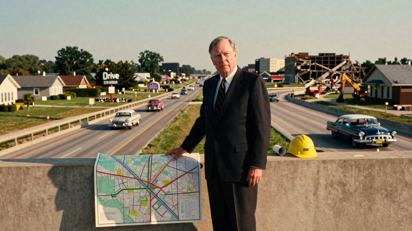 Man in suit standing on bridge over highway holding a city map with vintage cars and buildings in the background