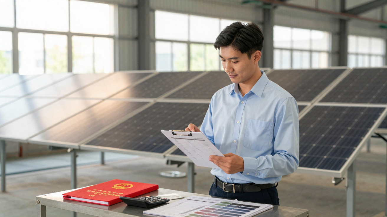 Man in a blue shirt checking documents beside solar panels indoors with calculator and red folder on the table.