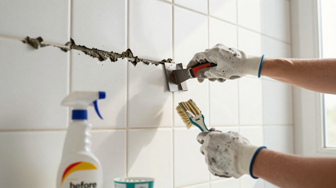 Person wearing gloves scraping old grout from white bathroom tiles with a scraper and brush.