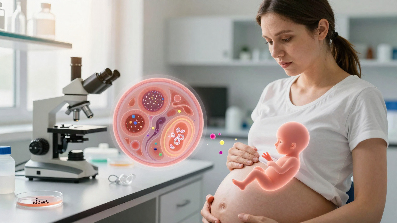 Pregnant woman holding belly with digital fetus and cell biology illustration in lab setting.