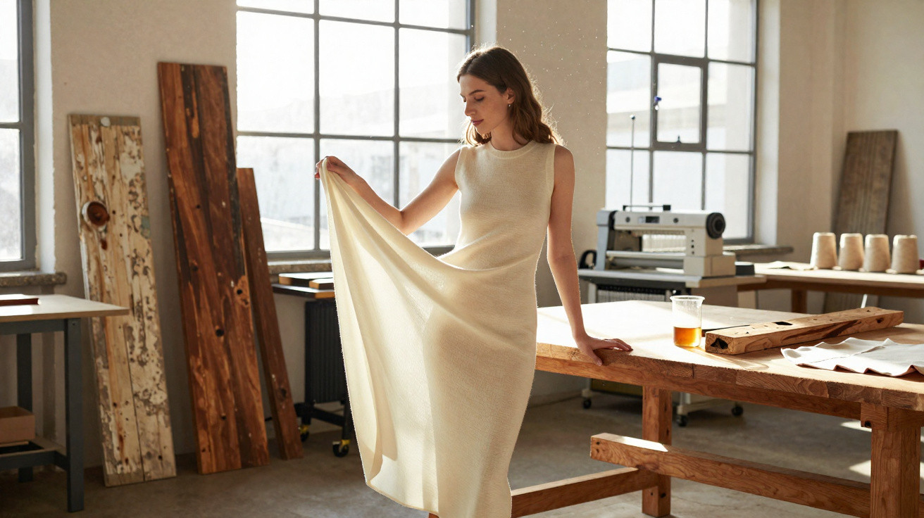 Woman in a cream dress gently holding the fabric in a sunlit workshop with wooden boards and sewing tools.