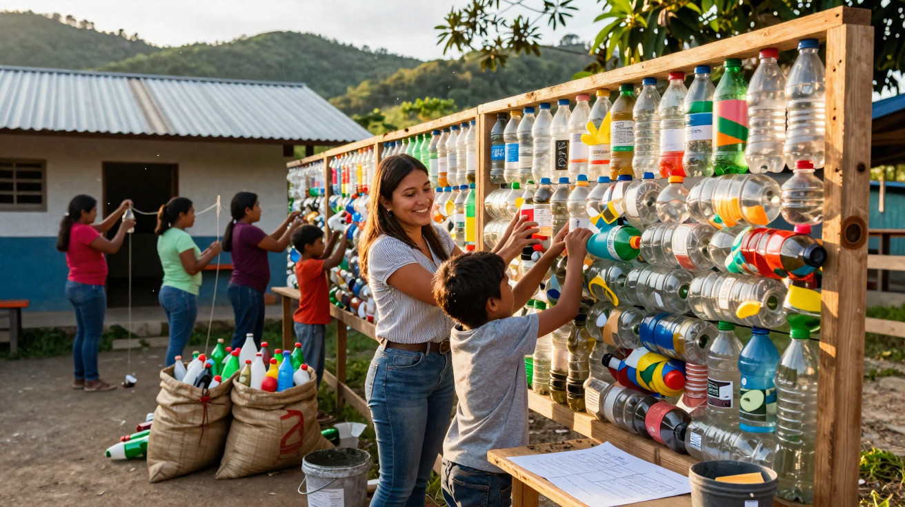 Children and adults engaging with a colourful plastic bottle wall outdoors in a rural setting.